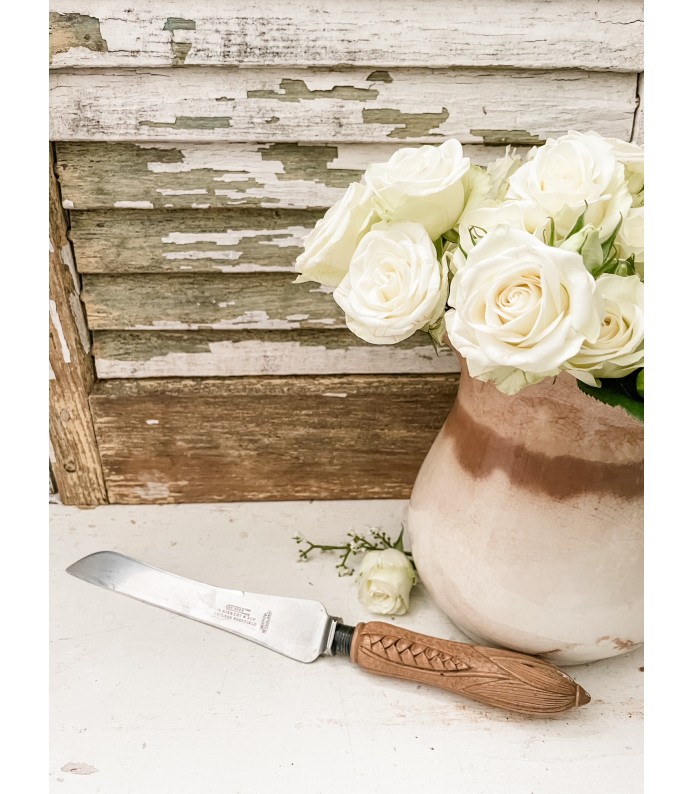 Antique English Wood Bread Knife - Hand Carved, Beautiful Wheat design, Stamped 